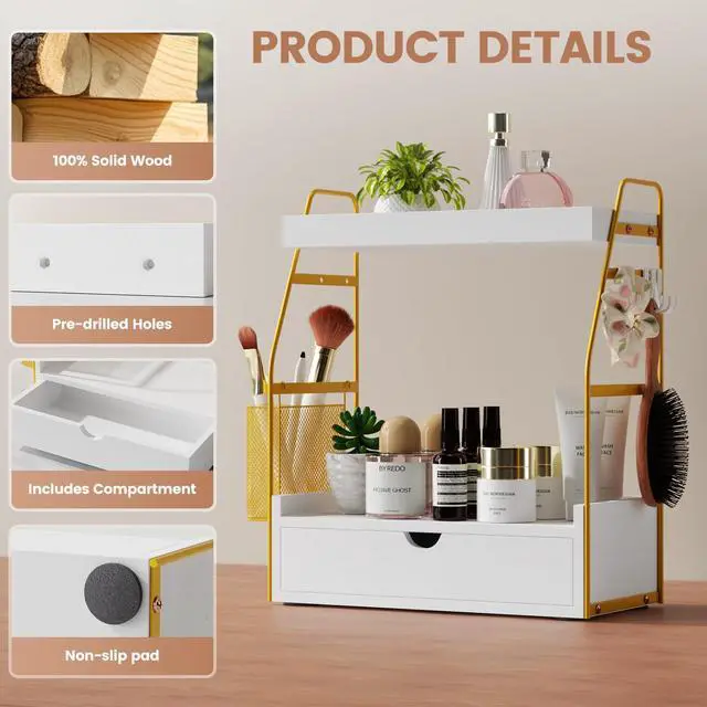 Alt view image 3 of 7 - 2 Tier Bathroom Counter Organizer with Drawer & Basket, Wooden Vanity Tray Countertop Shelf Accessories for Makeup Storage, Coffee Bar Station, Perfume Skincare, Kitchen, Bedroom (White)
