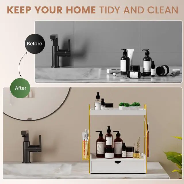 Alt view image 4 of 7 - 2 Tier Bathroom Counter Organizer with Drawer & Basket, Wooden Vanity Tray Countertop Shelf Accessories for Makeup Storage, Coffee Bar Station, Perfume Skincare, Kitchen, Bedroom (White)