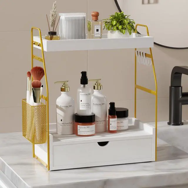 Alt view image 5 of 7 - 2 Tier Bathroom Counter Organizer with Drawer & Basket, Wooden Vanity Tray Countertop Shelf Accessories for Makeup Storage, Coffee Bar Station, Perfume Skincare, Kitchen, Bedroom (White)