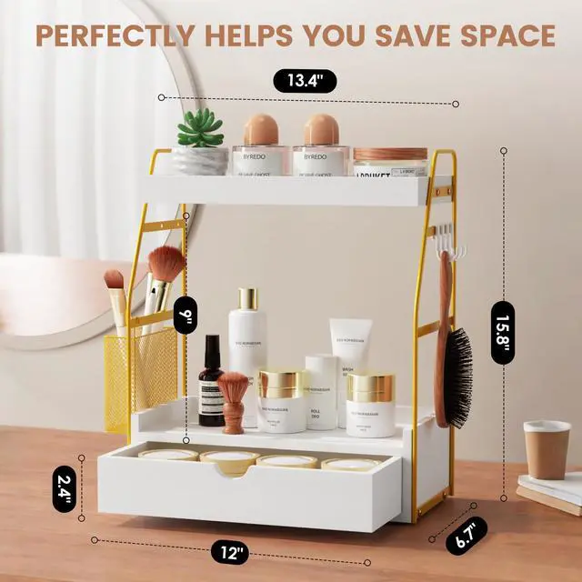 Alt view image 2 of 7 - 2 Tier Bathroom Counter Organizer with Drawer & Basket, Wooden Vanity Tray Countertop Shelf Accessories for Makeup Storage, Coffee Bar Station, Perfume Skincare, Kitchen, Bedroom (White)