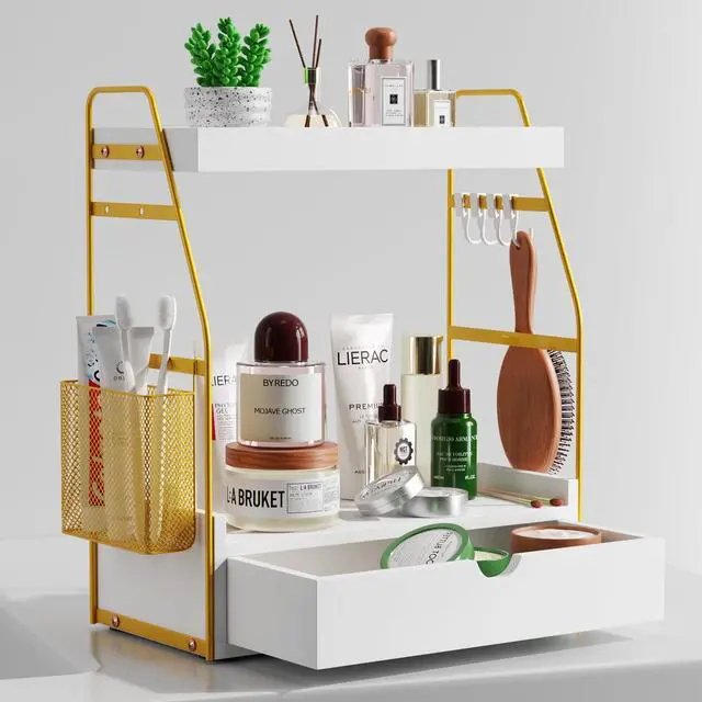 Alt view image 7 of 7 - 2 Tier Bathroom Counter Organizer with Drawer & Basket, Wooden Vanity Tray Countertop Shelf Accessories for Makeup Storage, Coffee Bar Station, Perfume Skincare, Kitchen, Bedroom (White)