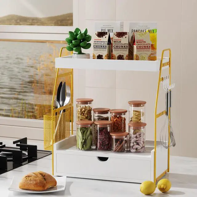 Alt view image 6 of 7 - 2 Tier Bathroom Counter Organizer with Drawer & Basket, Wooden Vanity Tray Countertop Shelf Accessories for Makeup Storage, Coffee Bar Station, Perfume Skincare, Kitchen, Bedroom (White)