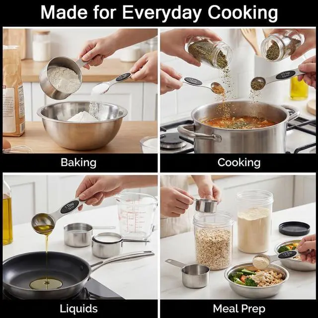 Alt view image 3 of 7 - Measuring Cup and Magnetic Measuring Spoons Set, 8 Stainless Steel Nesting Measuring Cup & 8 Double Sided Stackable Magnetic Measuring Spoons & 1 Leveler for Cooking Dry & Liquid Ingredients