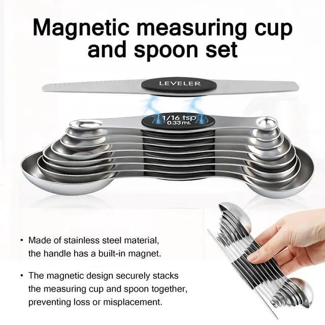 Alt view image 5 of 7 - Measuring Cup and Magnetic Measuring Spoons Set, 8 Stainless Steel Nesting Measuring Cup & 8 Double Sided Stackable Magnetic Measuring Spoons & 1 Leveler for Cooking Dry & Liquid Ingredients