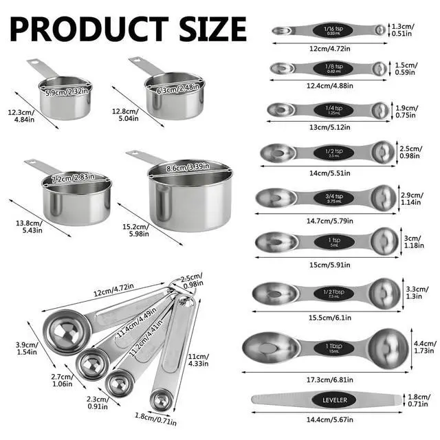 Alt view image 6 of 7 - Measuring Cup and Magnetic Measuring Spoons Set, 8 Stainless Steel Nesting Measuring Cup & 8 Double Sided Stackable Magnetic Measuring Spoons & 1 Leveler for Cooking Dry & Liquid Ingredients