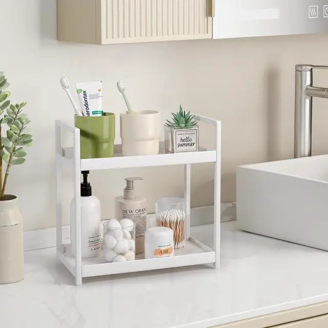 Alt view image 2 of 7 - Bathroom Counter Organizer 2 Tier Vanity Storage Countertop Shelf Makeup Organizer Perfume Tray Skincare Holder for Sink, Dresser, Kitchen, Small White