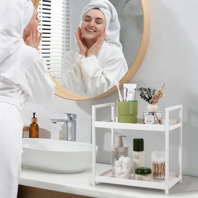 Alt view image 3 of 7 - Bathroom Counter Organizer 2 Tier Vanity Storage Countertop Shelf Makeup Organizer Perfume Tray Skincare Holder for Sink, Dresser, Kitchen, Small White
