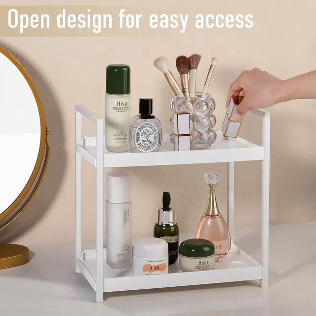 Alt view image 6 of 7 - Bathroom Counter Organizer 2 Tier Vanity Storage Countertop Shelf Makeup Organizer Perfume Tray Skincare Holder for Sink, Dresser, Kitchen, Small White