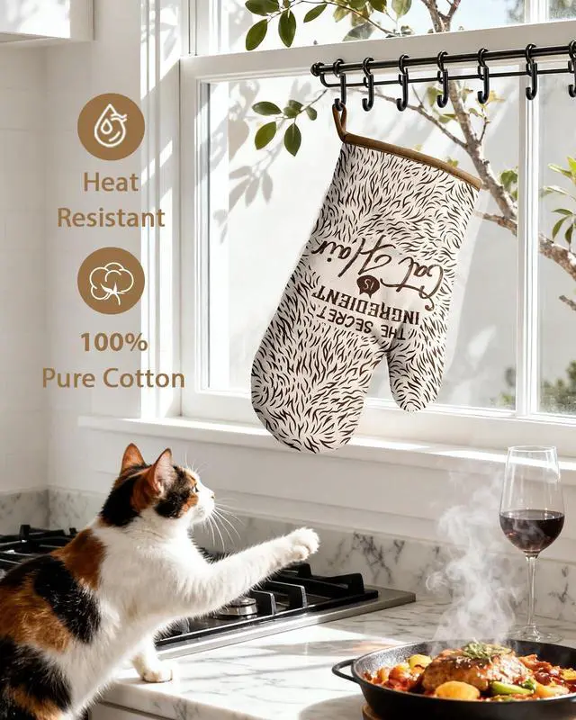 Alt view image 4 of 6 - Funny Oven Mitts and Pot Holder for Women - Heat Resistant Brown Cute Novelty Kitchen Oven Mittens 100% Cotton, Non-Slip Silicone Surface Pot Holder for Baking and Cooking Accessories