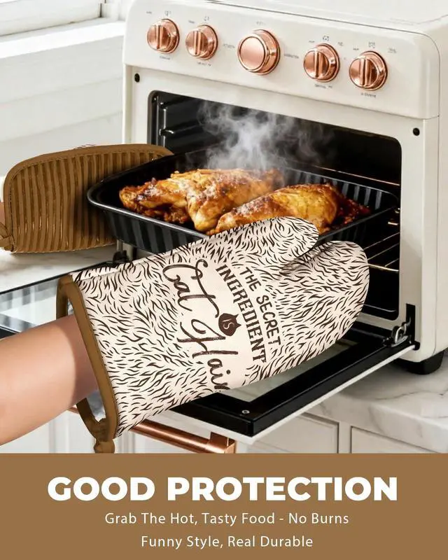 Alt view image 5 of 6 - Funny Oven Mitts and Pot Holder for Women - Heat Resistant Brown Cute Novelty Kitchen Oven Mittens 100% Cotton, Non-Slip Silicone Surface Pot Holder for Baking and Cooking Accessories