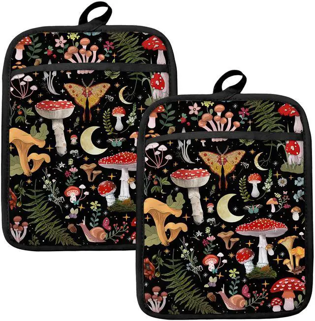 Main image of Mushroom Oven Mitts Set, Vintage Mushroom Moth Botanical Floral Heat Resistant Kitchen Oven Gloves for Baking and Cooking,Pot Holders