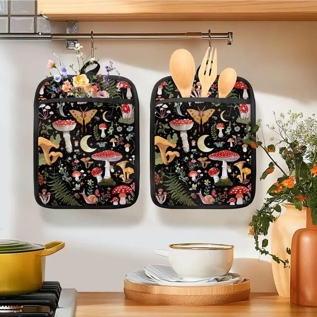 Alt view image 3 of 6 - Mushroom Oven Mitts Set, Vintage Mushroom Moth Botanical Floral Heat Resistant Kitchen Oven Gloves for Baking and Cooking,Pot Holders