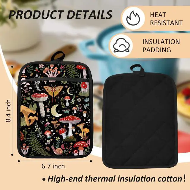 Alt view image 2 of 6 - Mushroom Oven Mitts Set, Vintage Mushroom Moth Botanical Floral Heat Resistant Kitchen Oven Gloves for Baking and Cooking,Pot Holders