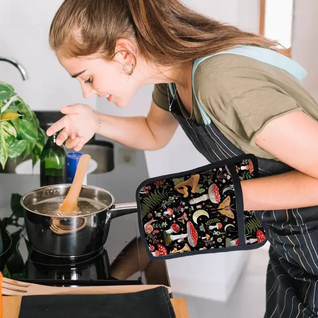 Alt view image 4 of 6 - Mushroom Oven Mitts Set, Vintage Mushroom Moth Botanical Floral Heat Resistant Kitchen Oven Gloves for Baking and Cooking,Pot Holders