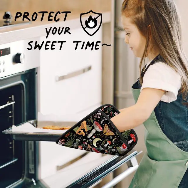 Alt view image 5 of 6 - Mushroom Oven Mitts Set, Vintage Mushroom Moth Botanical Floral Heat Resistant Kitchen Oven Gloves for Baking and Cooking,Pot Holders