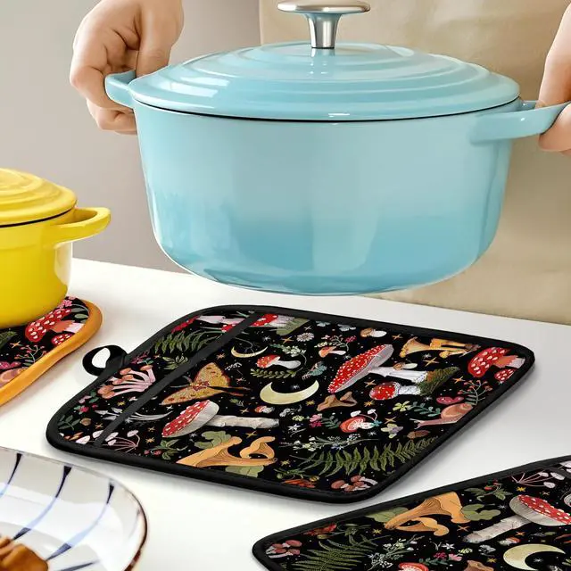 Alt view image 6 of 6 - Mushroom Oven Mitts Set, Vintage Mushroom Moth Botanical Floral Heat Resistant Kitchen Oven Gloves for Baking and Cooking,Pot Holders