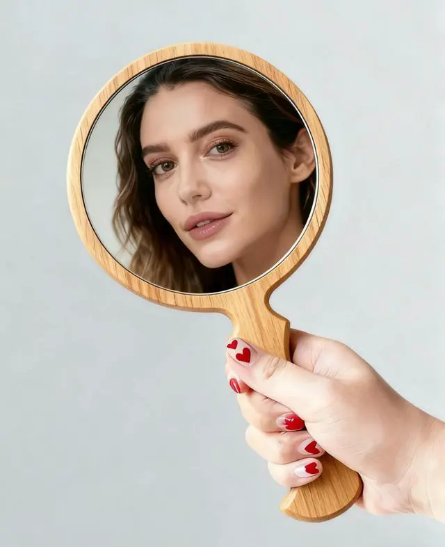 Main image of Wooden Handheld Mirror, Vintage Round Wood Hand Mirror with Handle, 5.1" x 9.6" Portable Decorative Makeup Mirror for Travel & Salon& Women Birthday Gifts (Yellow Beech Wood)