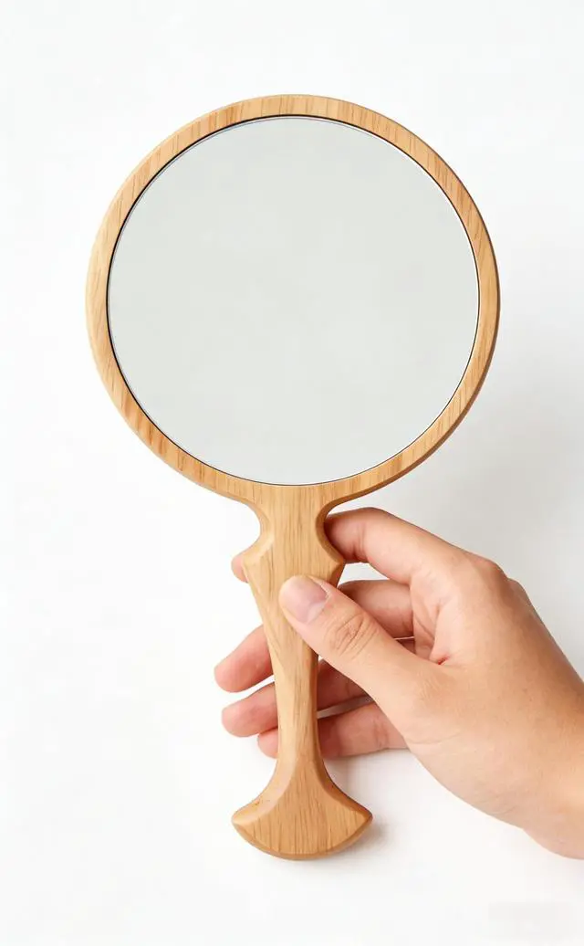 Alt view image 3 of 7 - Wooden Handheld Mirror, Vintage Round Wood Hand Mirror with Handle, 5.1" x 9.6" Portable Decorative Makeup Mirror for Travel & Salon& Women Birthday Gifts (Yellow Beech Wood)