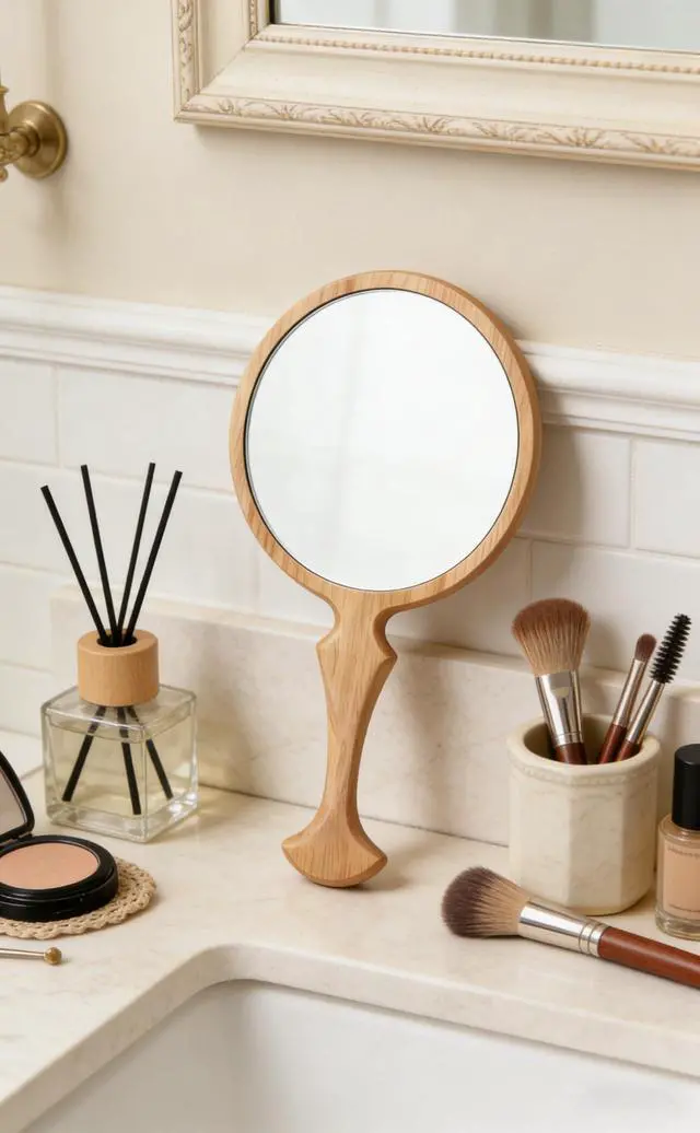 Alt view image 6 of 7 - Wooden Handheld Mirror, Vintage Round Wood Hand Mirror with Handle, 5.1" x 9.6" Portable Decorative Makeup Mirror for Travel & Salon& Women Birthday Gifts (Yellow Beech Wood)