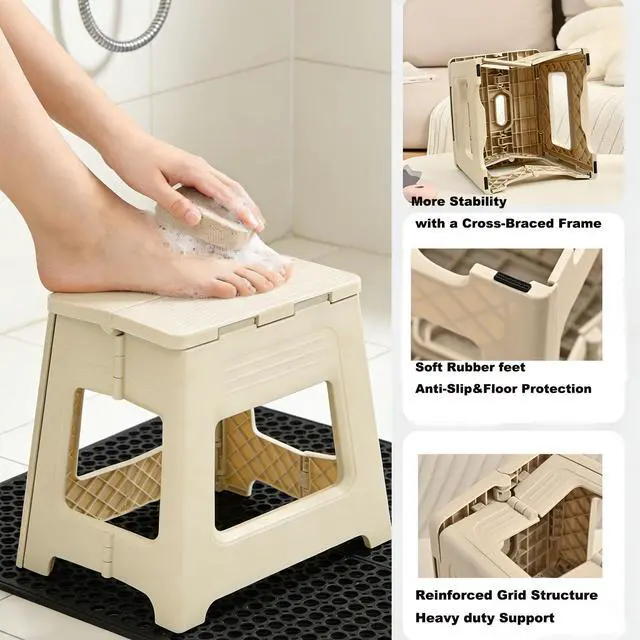 Alt view image 4 of 7 - Foldable Shower Stool for Shaving Legs, Plastic Shower Foot Rest for Inside Shower,11.9" High Anti-Slip Foot Step to Shave Leg Small Folding Bench Shaving Stool for Travel/Bathroom