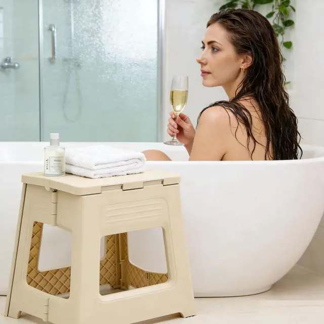 Alt view image 7 of 7 - Foldable Shower Stool for Shaving Legs, Plastic Shower Foot Rest for Inside Shower,11.9" High Anti-Slip Foot Step to Shave Leg Small Folding Bench Shaving Stool for Travel/Bathroom