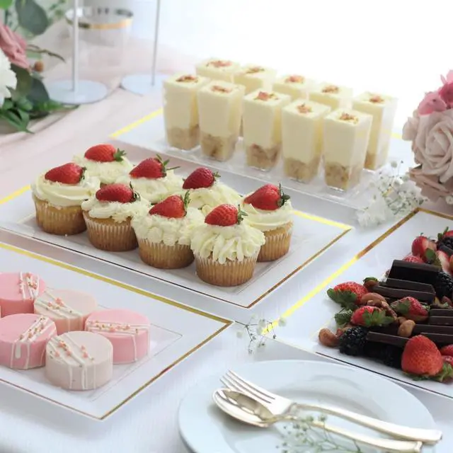 Alt view image 2 of 7 - Elegant Plastic Serving Tray & Platter Set (6pk) - White & Gold Rim Disposable Serving Trays & Platters for Food - Weddings, Upscale Parties, Dessert Table, Cupcakes - 8 x 12.85 inches