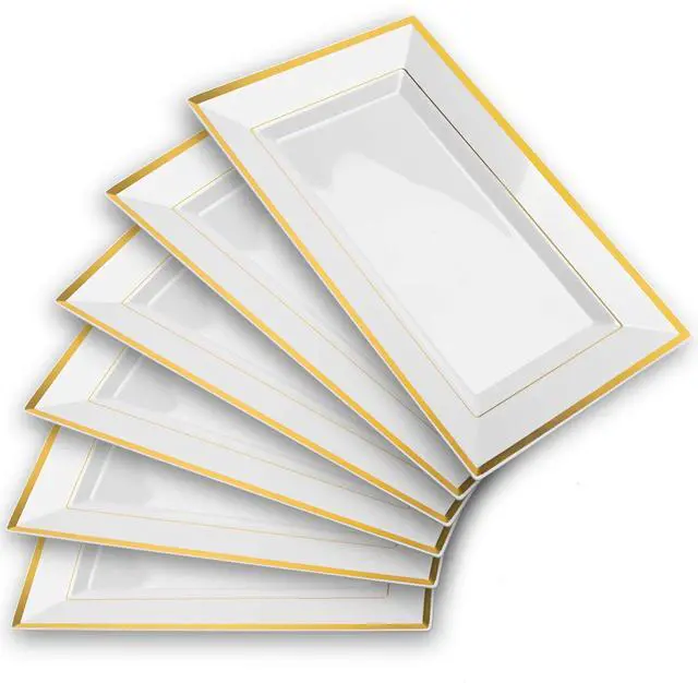 Main image of Elegant Plastic Serving Tray & Platter Set (6pk) - White & Gold Rim Disposable Serving Trays & Platters for Food - Weddings, Upscale Parties, Dessert Table, Cupcakes - 8 x 12.85 inches