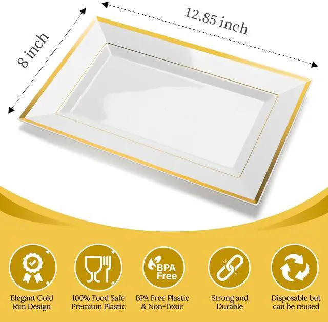 Alt view image 3 of 7 - Elegant Plastic Serving Tray & Platter Set (6pk) - White & Gold Rim Disposable Serving Trays & Platters for Food - Weddings, Upscale Parties, Dessert Table, Cupcakes - 8 x 12.85 inches