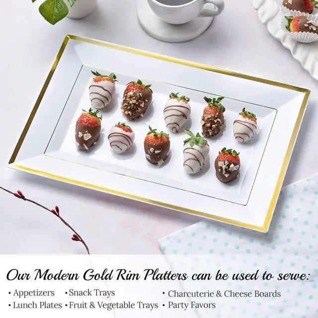 Alt view image 4 of 7 - Elegant Plastic Serving Tray & Platter Set (6pk) - White & Gold Rim Disposable Serving Trays & Platters for Food - Weddings, Upscale Parties, Dessert Table, Cupcakes - 8 x 12.85 inches