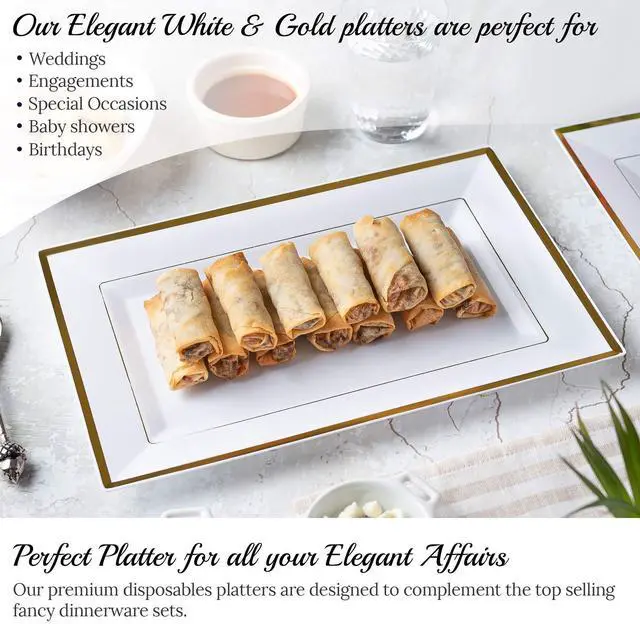 Alt view image 5 of 7 - Elegant Plastic Serving Tray & Platter Set (6pk) - White & Gold Rim Disposable Serving Trays & Platters for Food - Weddings, Upscale Parties, Dessert Table, Cupcakes - 8 x 12.85 inches