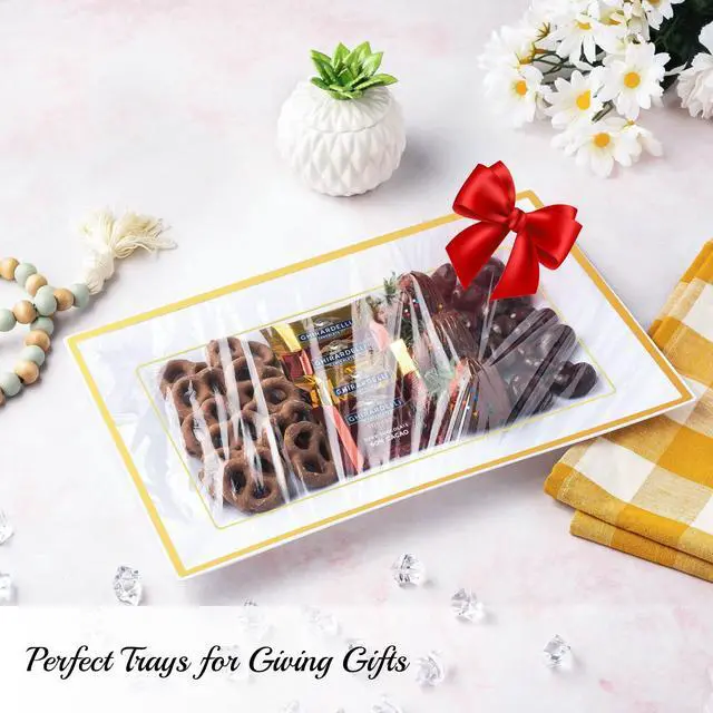 Alt view image 6 of 7 - Elegant Plastic Serving Tray & Platter Set (6pk) - White & Gold Rim Disposable Serving Trays & Platters for Food - Weddings, Upscale Parties, Dessert Table, Cupcakes - 8 x 12.85 inches