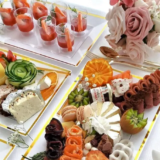 Alt view image 7 of 7 - Elegant Plastic Serving Tray & Platter Set (6pk) - White & Gold Rim Disposable Serving Trays & Platters for Food - Weddings, Upscale Parties, Dessert Table, Cupcakes - 8 x 12.85 inches