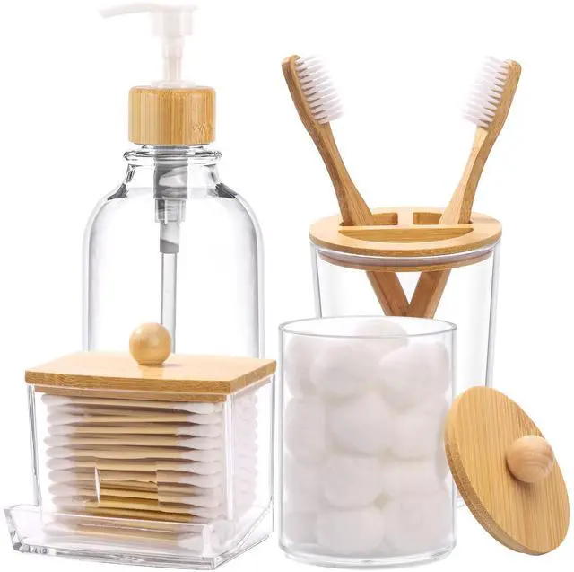 Main image of Bamboo Bathroom Accessories Set 4 Pcs - Clear Toothbrush Holder Plastic Soap Dispenser and 2 Qtip Holder Cotton Swab/Pad/Ball Container Jar