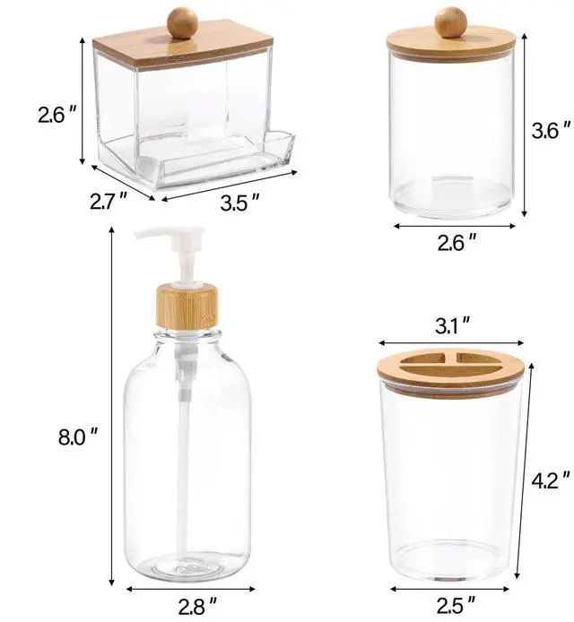 Alt view image 3 of 7 - Bamboo Bathroom Accessories Set 4 Pcs - Clear Toothbrush Holder Plastic Soap Dispenser and 2 Qtip Holder Cotton Swab/Pad/Ball Container Jar