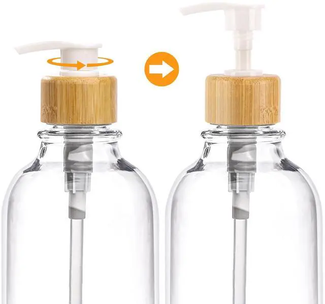 Alt view image 2 of 7 - Bamboo Bathroom Accessories Set 4 Pcs - Clear Toothbrush Holder Plastic Soap Dispenser and 2 Qtip Holder Cotton Swab/Pad/Ball Container Jar