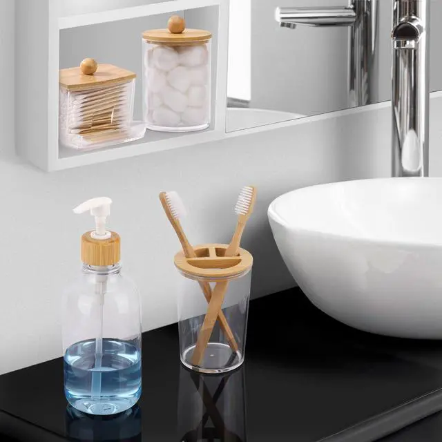 Alt view image 4 of 7 - Bamboo Bathroom Accessories Set 4 Pcs - Clear Toothbrush Holder Plastic Soap Dispenser and 2 Qtip Holder Cotton Swab/Pad/Ball Container Jar