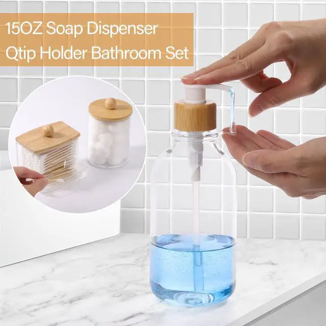 Alt view image 5 of 7 - Bamboo Bathroom Accessories Set 4 Pcs - Clear Toothbrush Holder Plastic Soap Dispenser and 2 Qtip Holder Cotton Swab/Pad/Ball Container Jar
