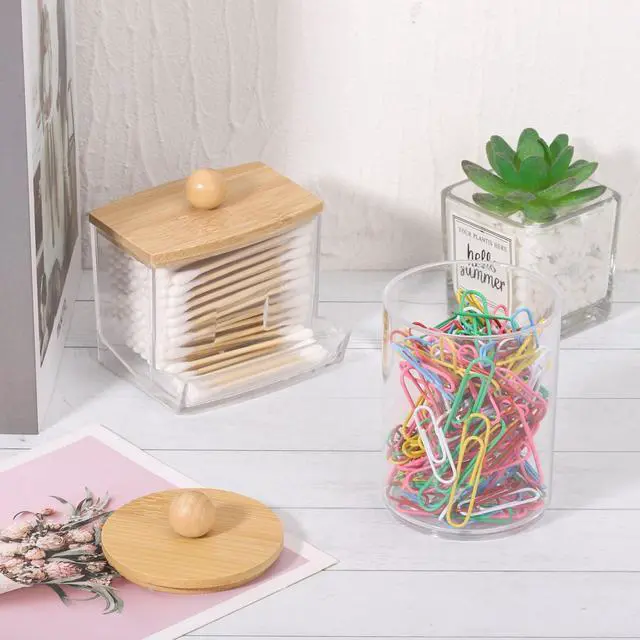 Alt view image 6 of 7 - Bamboo Bathroom Accessories Set 4 Pcs - Clear Toothbrush Holder Plastic Soap Dispenser and 2 Qtip Holder Cotton Swab/Pad/Ball Container Jar