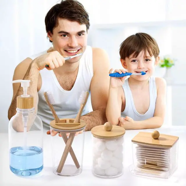 Alt view image 7 of 7 - Bamboo Bathroom Accessories Set 4 Pcs - Clear Toothbrush Holder Plastic Soap Dispenser and 2 Qtip Holder Cotton Swab/Pad/Ball Container Jar