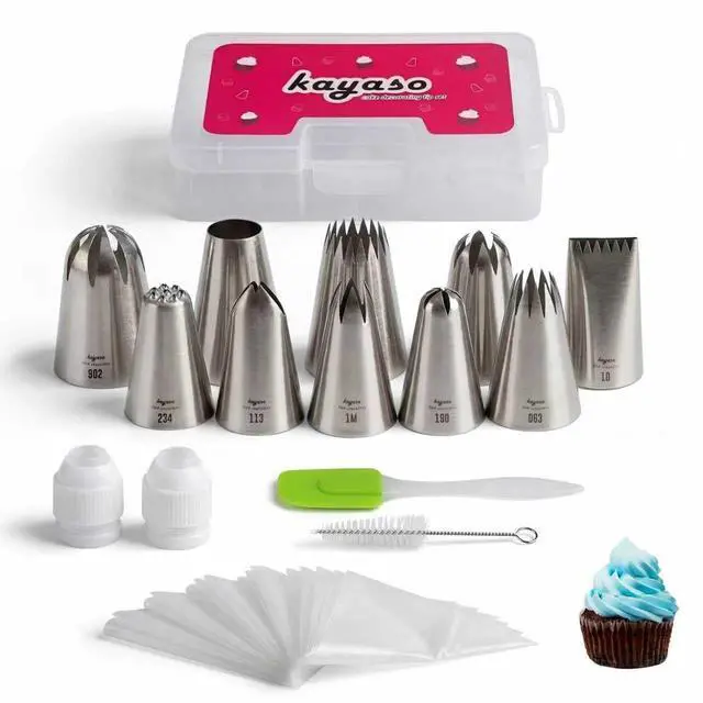 Main image of Cake Decorating Icing Piping Tip Set, 10 X-large Decorating Tips Stainless Steel Plus 20 Disposable Pastry Bags