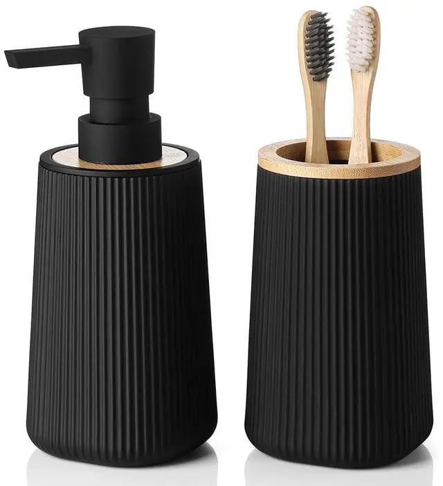 Main image of Bathroom Accessories Set 2 Piece Soap Dispenser and Toothbrush Holder for Bathroom Countertop Striped Black and Bamboo