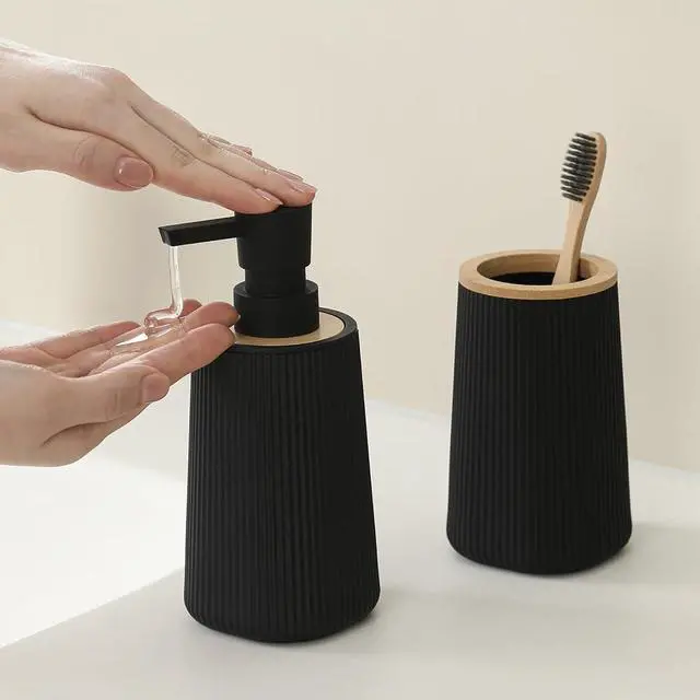 Alt view image 2 of 6 - Bathroom Accessories Set 2 Piece Soap Dispenser and Toothbrush Holder for Bathroom Countertop Striped Black and Bamboo