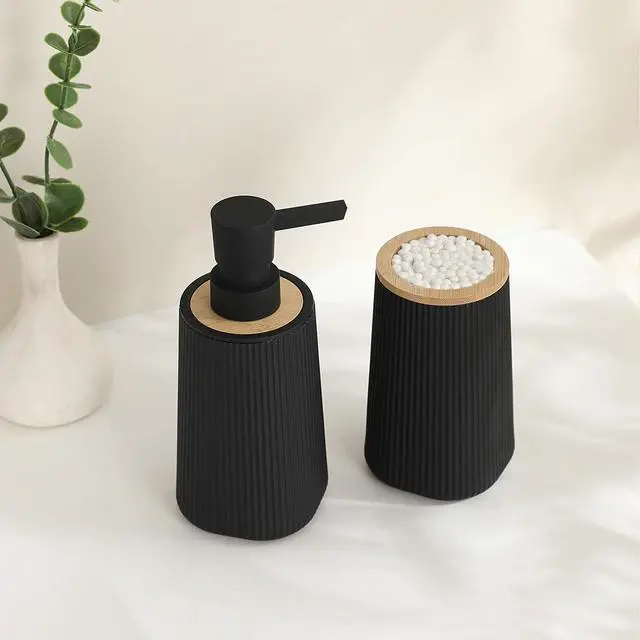 Alt view image 3 of 6 - Bathroom Accessories Set 2 Piece Soap Dispenser and Toothbrush Holder for Bathroom Countertop Striped Black and Bamboo