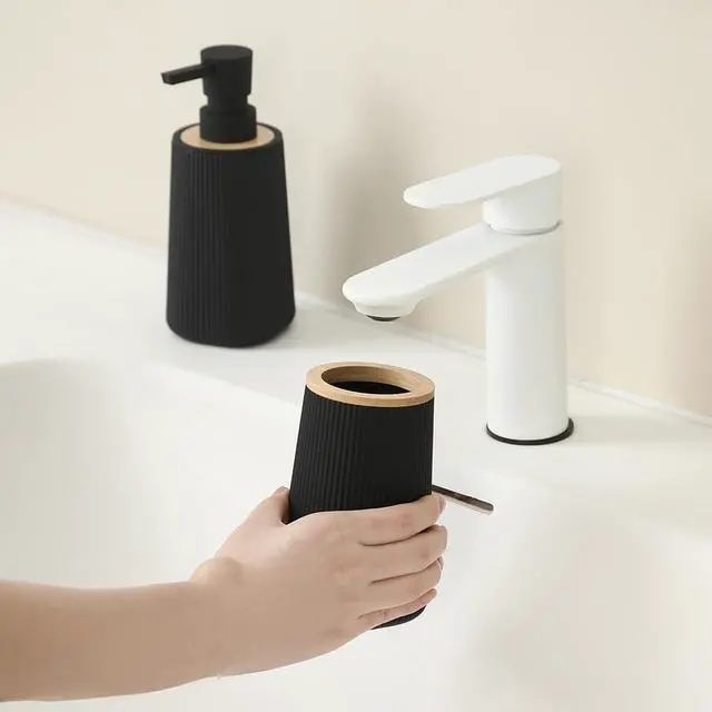 Alt view image 4 of 6 - Bathroom Accessories Set 2 Piece Soap Dispenser and Toothbrush Holder for Bathroom Countertop Striped Black and Bamboo