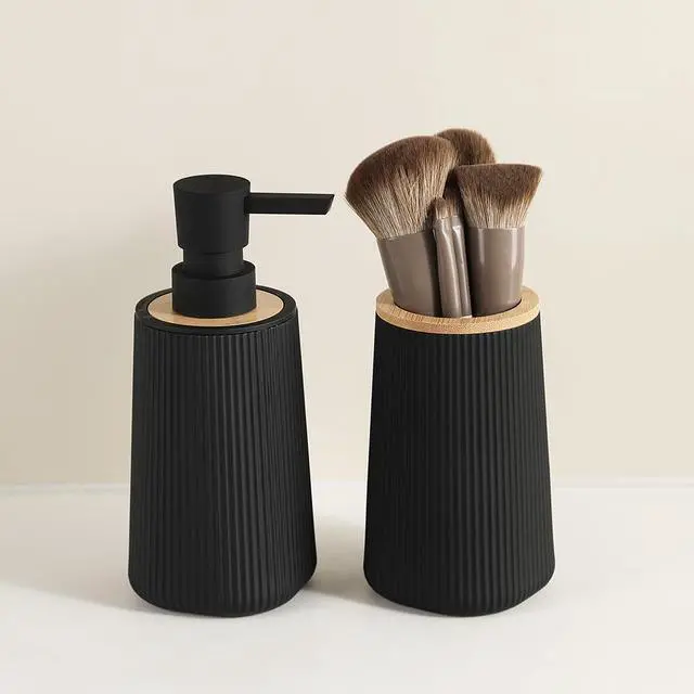 Alt view image 5 of 6 - Bathroom Accessories Set 2 Piece Soap Dispenser and Toothbrush Holder for Bathroom Countertop Striped Black and Bamboo