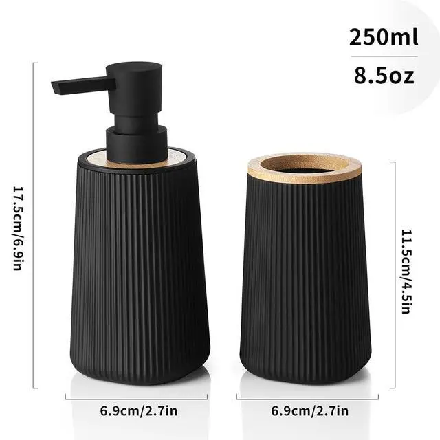 Alt view image 6 of 6 - Bathroom Accessories Set 2 Piece Soap Dispenser and Toothbrush Holder for Bathroom Countertop Striped Black and Bamboo