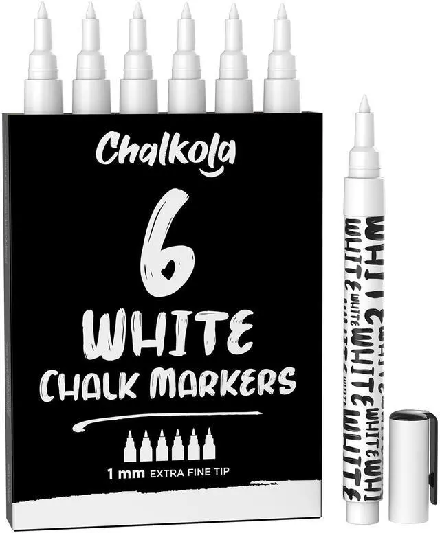 Main image of White Chalk Markers Fine Tip (6 Pack, 1mm Extra Fine Point) - Dry Erase Liquid Chalk Pens for Chalkboard, Blackboard, Car Window, Bistro, Glass, Board, Calendar - White Chalkboard Markers