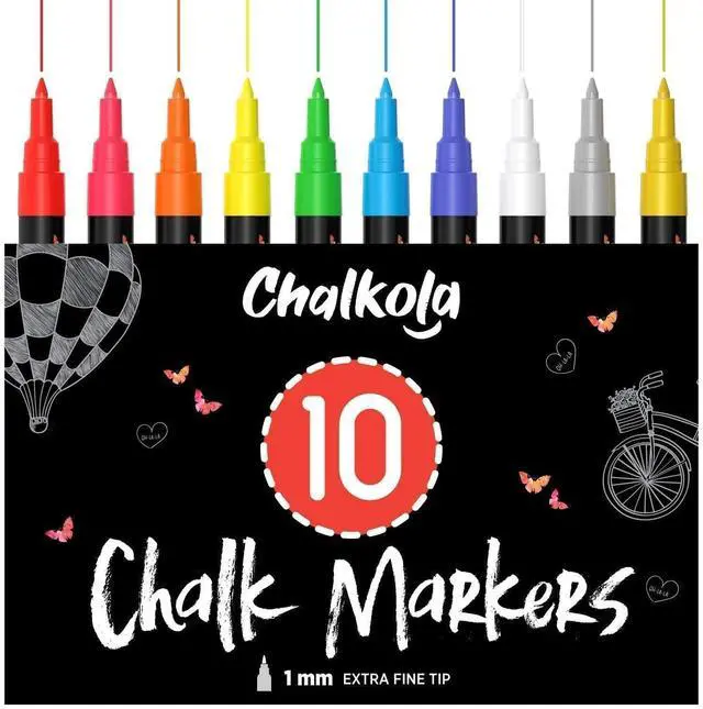 Main image of Extra Fine Tip Liquid Chalk Markers (1mm, 10 Pack) with Gold & Silver - Erasable Dry Erase Marker Pens for Blackboard, Windows, Chalkboard Markers, Bistro, Restaurants - Thin Point Chalk Pens Set