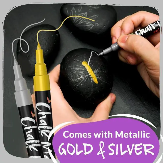 Alt view image 6 of 7 - Extra Fine Tip Liquid Chalk Markers (1mm, 10 Pack) with Gold & Silver - Erasable Dry Erase Marker Pens for Blackboard, Windows, Chalkboard Markers, Bistro, Restaurants - Thin Point Chalk Pens Set