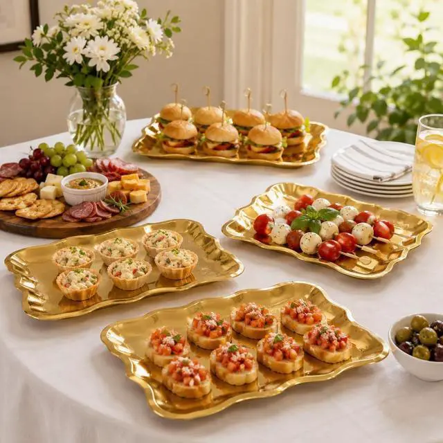 Alt view image 2 of 7 - 10 Gold Rectangle Trays for Dessert Display Table Parties 9" x 13" Disposable Paper Cardboard in Elegant Shape for Platters Cupcake Birthday Parties Dessert Weddings and More Food Safe